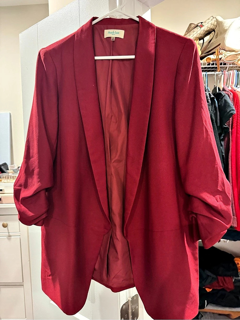 Peach Love Open Front Blazer in Red Size Medium Like New
